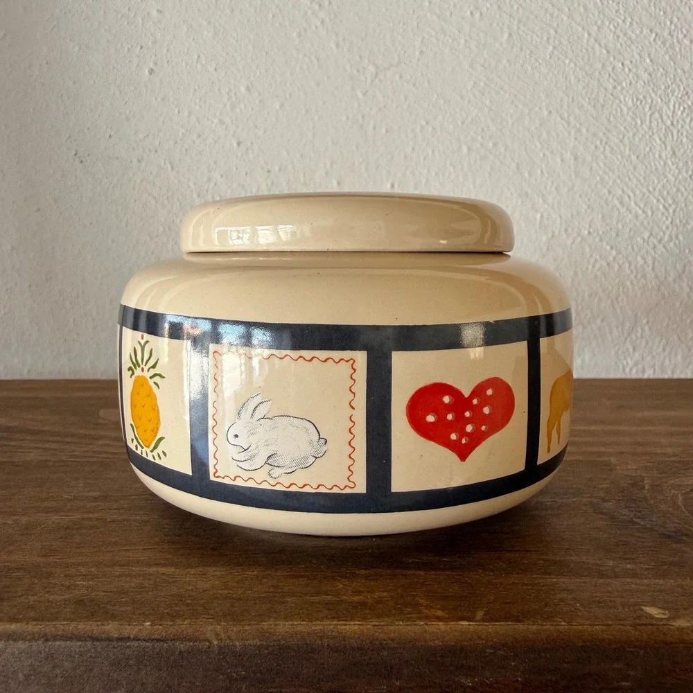 Vintage Folk Art Ceramic Potpourri Jar Vented Lid Country Rabbit Teddy Bear